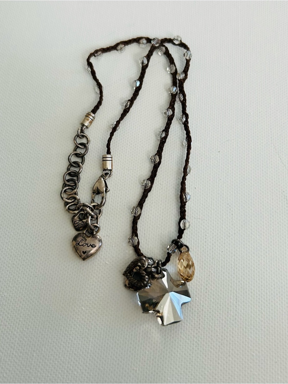 Brighton Love Karma Heart Crystal Cross Pendant Necklace - Brown String